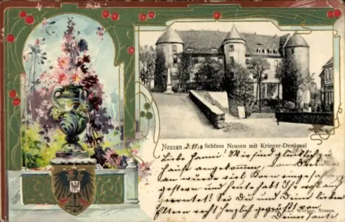 Präge Wappen Passepartout Ak Nossen in Sachsen, Schloss Nossen mit Krieger-Denkmal