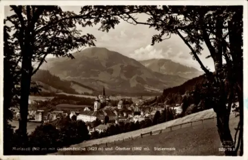 Ak Mariazell Steiermark, Bergpanorama, Tal mit Dorf, Kirchtürme, Wälder, Weidehang mit Zaun, Baum
