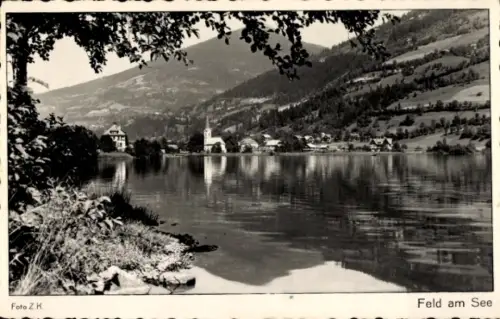 Ak Feld am See Kärnten, Brennsee, Ufer mit Pflanzen, spiegelnder See, Kirche und Häuser am andere