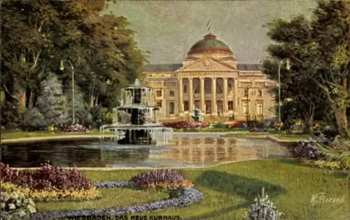 Ak Wiesbaden in Hessen, Kurhaus  Kursaalplatz, Kuppel, Kolonnade, Fontäne, Teich