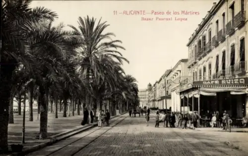 Ak Alicante Valencia Spanien,  Paseo de los Mártires, Bazar Pascual Lopez, Café Suiza