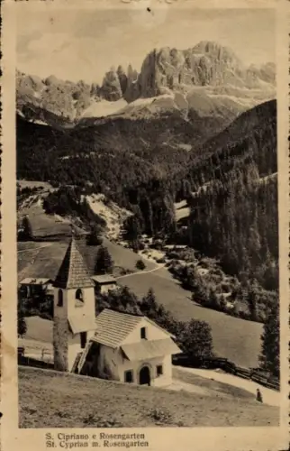 Ak St Zyprian San Cipriano Tiers Tires Südtirol, Panorama mit Rosengarten, Kirche