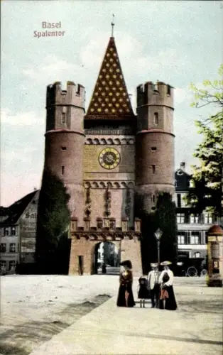 Ak Basel Bâle Stadt Schweiz,  Spalentor, Tor mit Uhr