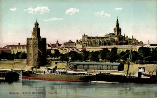 Ak Sevilla Andalusien,  Torre del Oro, puerto, Catedral de  La Giralda