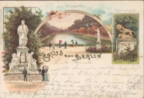 Glitzer Litho Berlin Tiergarten, Goethe-Denkmal, Löwengruppe