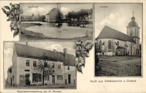 Ak Schönewerda Roßleben im Kyffhäuserkreis, Kirche, Dorfteich, Geschäftshaus H. Werner