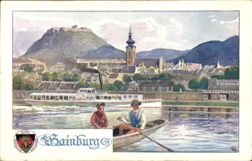 Künstler Ak Hainburg am Main Hessen, Gesamtansicht, Dampfer, Ruderboot