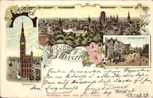 Litho Gdańsk Danzig, Rathaus, Panorama mit Marienkirche, Langenmarkt
