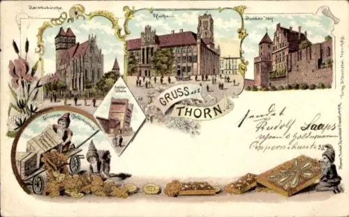 Litho Toruń Thorn Westpreußen, Jacobskirche, Rathaus, Junkerhof, Thorner Pfefferkuchen, Zwerge