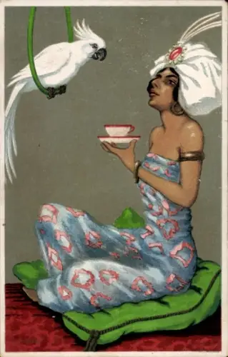Künstler Ak Frau mit Turban und einen weißen Kakadu, Marco Polo Tee, Reklame