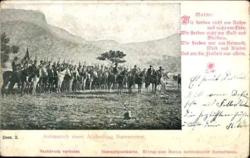 Ak Aufmarsch einer Abteilung Burenreiter, Soldaten, Südafrika, Reiter, Wir sterben nicht um Ruhm