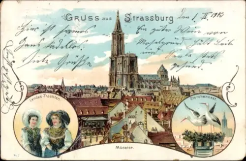 Litho Straßburg Elsass Bas Rhin, Münster, Landes-Trachten, Storchennest