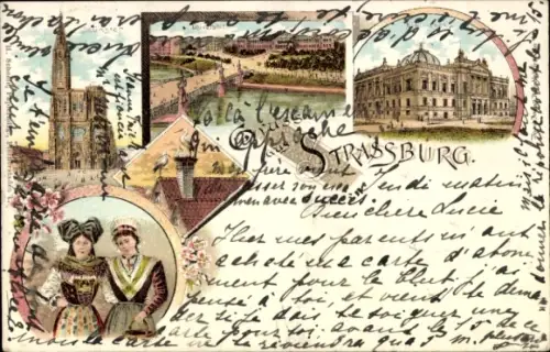 Litho Strasbourg Straßburg Elsass Bas Rhin, Münster, Elsässer Tracht, Störche, Brücke