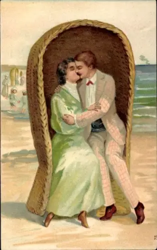 Präge Litho Liebespaar in einem Strandkorb, Kuss