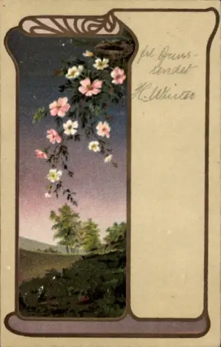 Jugendstil Passepartout Ak blühende Rosen, Landschaftsmotiv