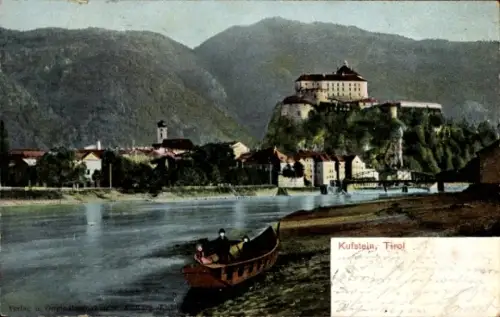 Ak Kufstein in Tirol, Blick auf  Tirol, Fluss, Boot, Burg