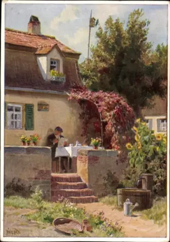 Künstler Ak Hey, P., Mann sitzt vor Haus an Gartentisch