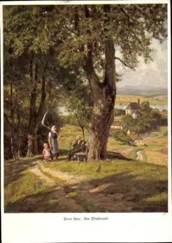 Künstler Ak Hey P., Am Waldrand, Bäuerin mit Sense