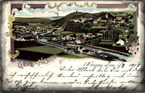 Litho Nossen Landkreis Meißen, Totalansicht der Ortschaft