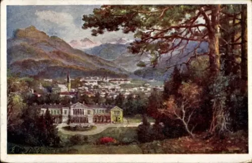 Ak Bad Ischl in Oberösterreich, Berg- und Stadtpanorama, Kirche mit Turm, kaiserliche Villa im Pa