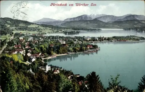 Ak Pörtschach am Wörther See Kärnten, Seeufer mit Anlegestelle und Booten, Häuser und Kirchturm, 