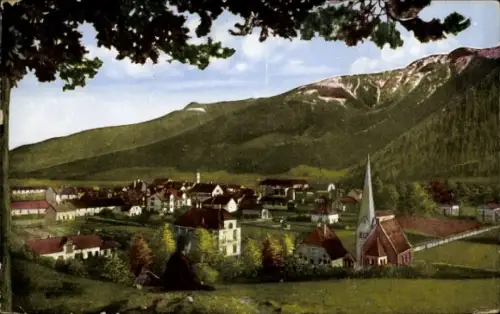 Ak Spittal an der Drau Kärnten, Dorf im Tal, Kirche mit spitzem Turm, Wohnhäuser, Bergkette im Hi