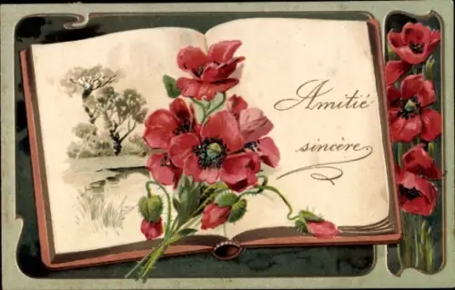 Foto Ak Buch, Freundschaft, Mohn