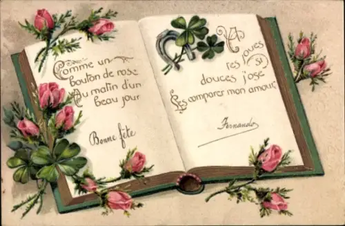 Präge Ak Wie eine Rosenknospe, Buch, Kleeblätter, Hufeisen