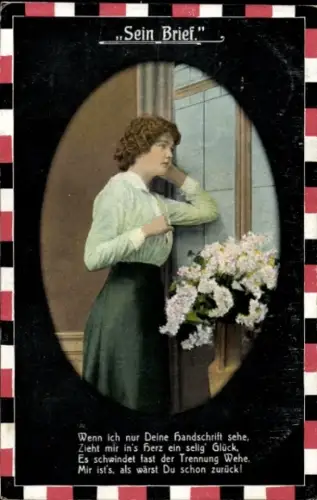 Ak Soldatenliebe, Frau am Fenster, Blumen, Wenn ich nur Deine Handschrift sehe...