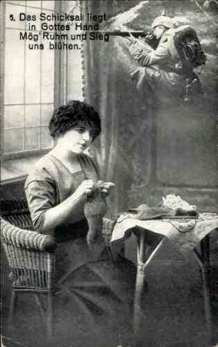 Ak Soldatenliebe, Frau beim Stricken, Schicksal liegt in Gottes Hand...