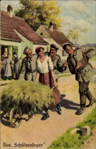 Ak Immer Fachmann, Nr. 9 Das Schützenfeier, Soldaten buhlen um Frau mit Heukarre