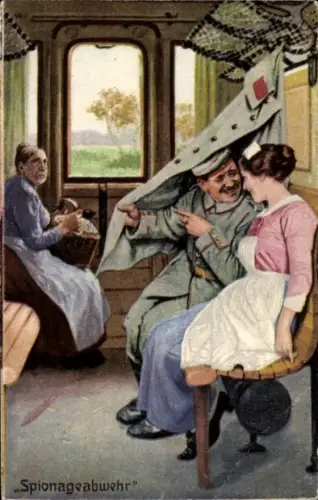 Künstler Ak Spionageabwehr, Soldat, Krankenschwester, Eisenbahnabteil, Immer Fachmann