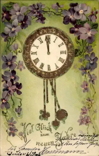 Ak Glückwunsch Neujahr, Uhr, Blumen