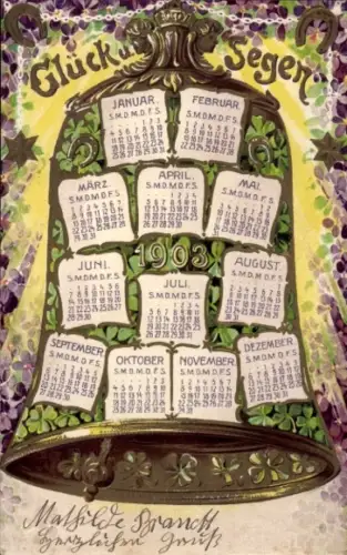 Präge Ak Glückwunsch Neujahr, Kalender 1903, Glocke, Kleeblätter