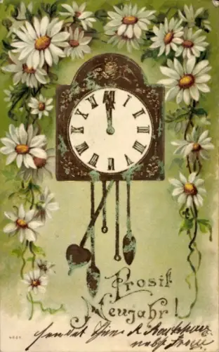 Präge Ak Glückwunsch Neujahr, Uhr, Margeriten