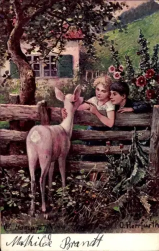 Künstler Ak Herrfurth, O., Kinder füttern ein Reh