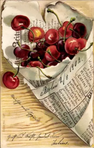 Präge Litho Stillleben, Kirschen, Zeitungspapier