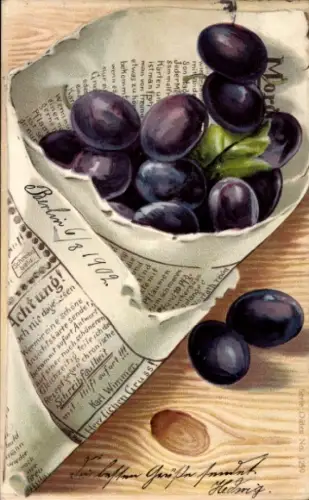 Präge Litho Stillleben, Zwetschgen, Zeitungspapier