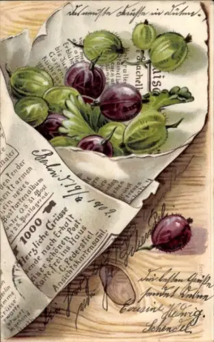 Präge Ak 1000 Herzliche Grüße, Stachelbeeren in Tüte aus Zeitungspapier