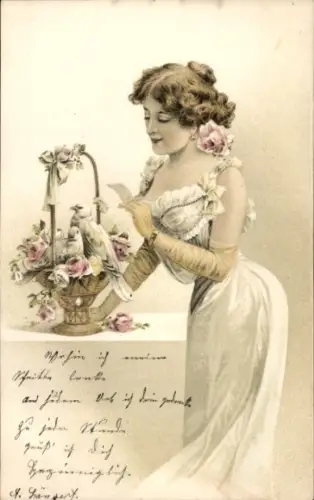 Ak Frau in weißem Kleid, Geschenk, Blumenkorb, Tauben