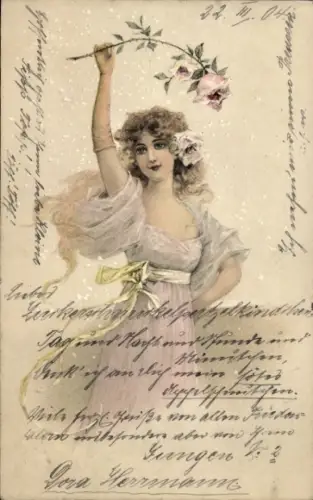 Ak Porträt einer jungen Frau, Rosen, Blumenschmuck