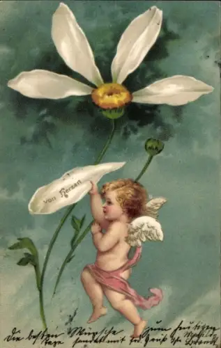 Ak Kleiner Engel, Weiße Blumen, Blüte
