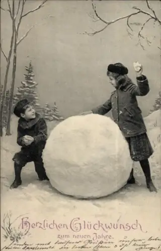 Ak Glückwunsch Neujahr, Kinder, Schneeball