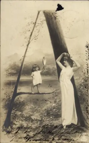 Buchstaben Ak Buchstabe A, Frau in weißem Kleid, Mädchen, Teich