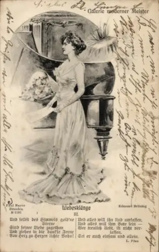Ak Galerie moderner Meister, Gedicht, Liebesklänge, Frau mit Blumenstrauß