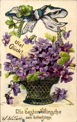 Ak Glückwunsch Geburtstag, Blumenkorb, Schleife