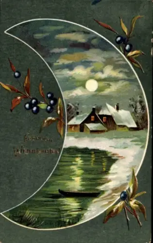 Mondschein Ak Glückwunsch Weihnachten, Wohnhaus, Fluss