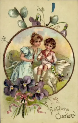 Ak Glückwunsch Ostern, Kinder, Lamm, Weidenkätzchen, Blumen