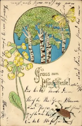 Präge Ak Glückwunsch Pfingsten, Birken, Blume, Schmetterling