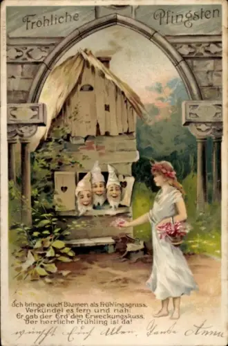 Litho Frohe Pfingsten, Junge Frau mit Blumen, Zwerge